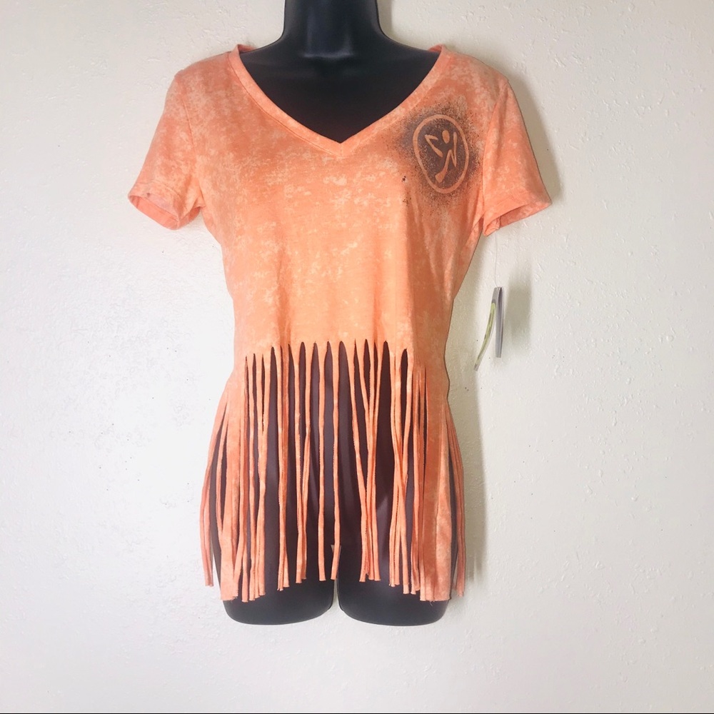 NWT Zumba we come in pieces slashed mango shirt